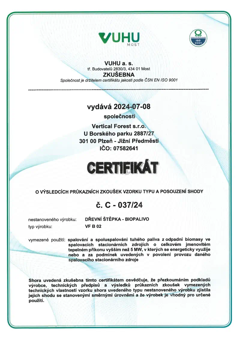 Certifikát Palivo z odpadní biomasy