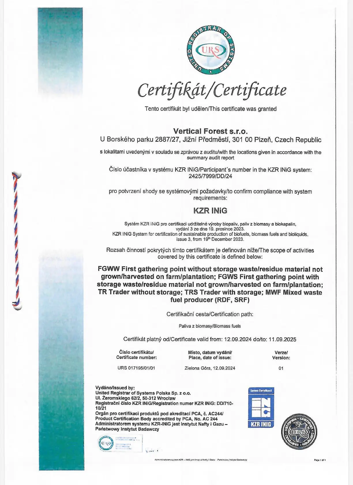 Certifikát KZR INIG