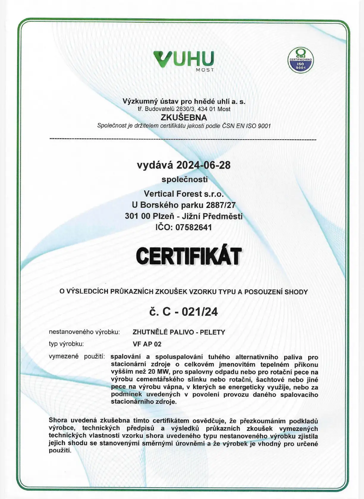 Certifikát Pelety TAP